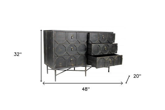 Commode double à six tiroirs en bois massif brun foncé de 48 po