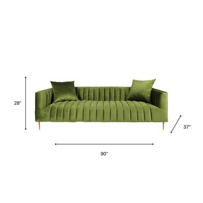 90" Olive Green Velvet Sofa And Toss Pillows With Gold Legs