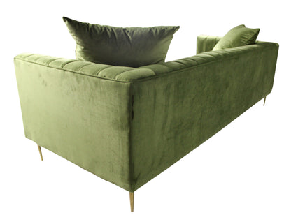 90" Olive Green Velvet Sofa And Toss Pillows With Gold Legs