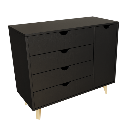 Commode combinée à quatre tiroirs en bois massif noir de 35 po