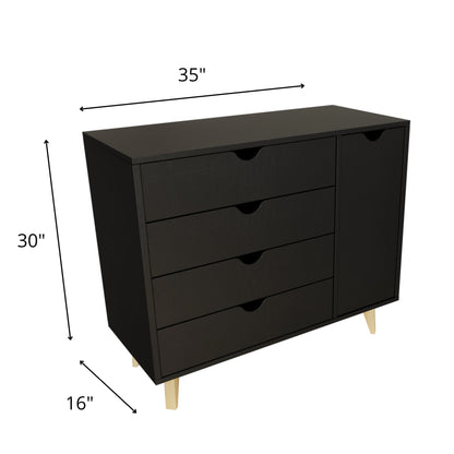 Commode combinée à quatre tiroirs en bois massif noir de 35 po