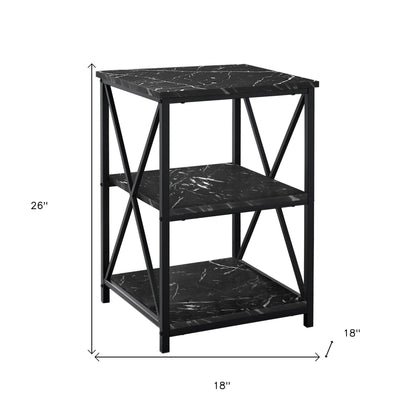 Table d'appoint carrée noire de 26 po avec deux étagères