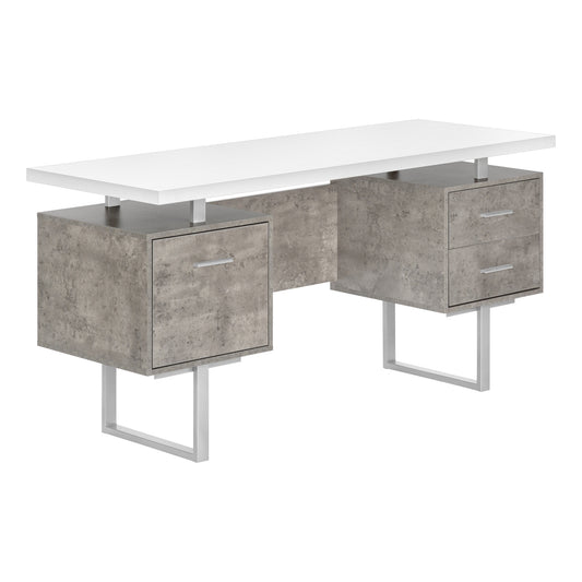 Bureau d'ordinateur blanc et gris de 60 po avec trois tiroirs