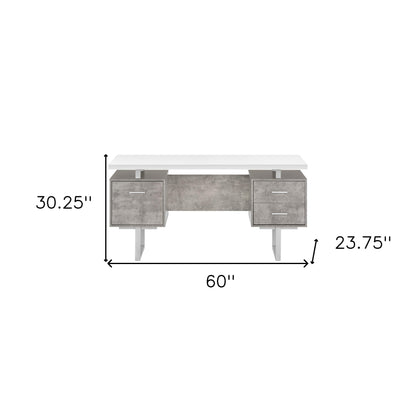 60" White and Gray Computer Desk With Three Drawers