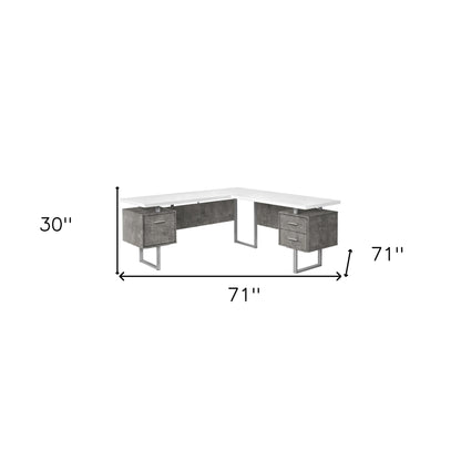 71" White and Gray L Shape Computer Desk With Three Drawers