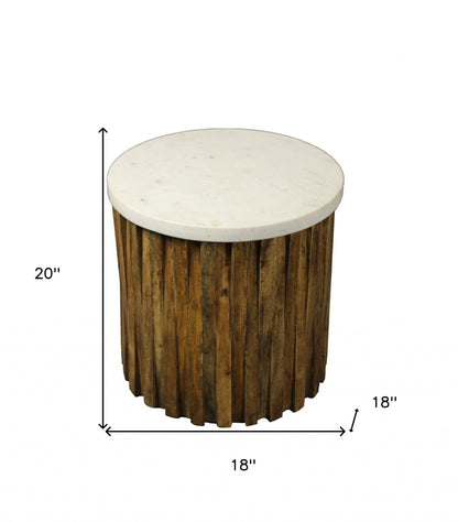 Table d'appoint ronde en marbre brun et ivoire et bois massif de 20 po