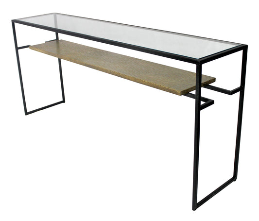 72" Clear Black and Gold Glass Sled Console Table With Shelves