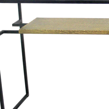 72" Clear Black and Gold Glass Sled Console Table With Shelves