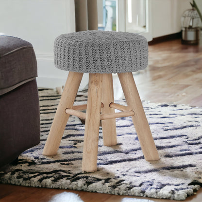 Pouf rond en mélange de coton gris et naturel de 12 po