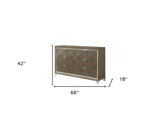 Commode double à six tiroirs en bois massif et manufacturé de couleur champagne de 66 po