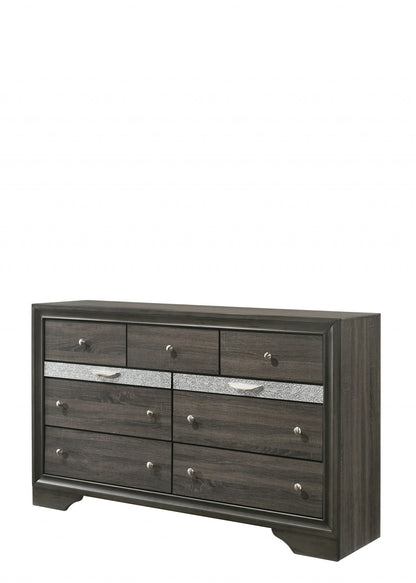 Commode triple à neuf tiroirs en bois massif et manufacturé gris de 63 po