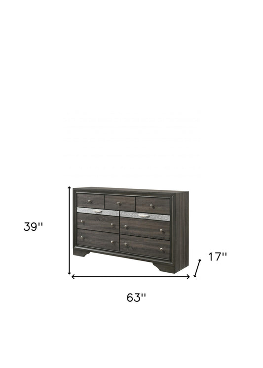 Commode triple à neuf tiroirs en bois massif et manufacturé gris de 63 po