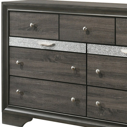 Commode triple à neuf tiroirs en bois massif et manufacturé gris de 63 po