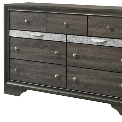 Commode triple à neuf tiroirs en bois massif et manufacturé gris de 63 po