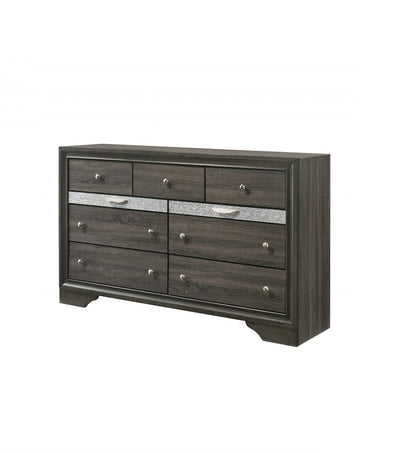 Commode triple à neuf tiroirs en bois massif et manufacturé gris de 63 po