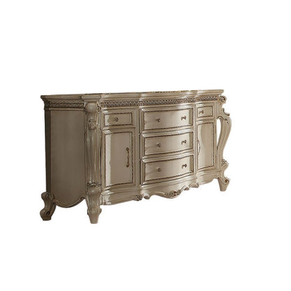 Commode triple à cinq tiroirs en bois massif et manufacturé de 69 po de couleur perle