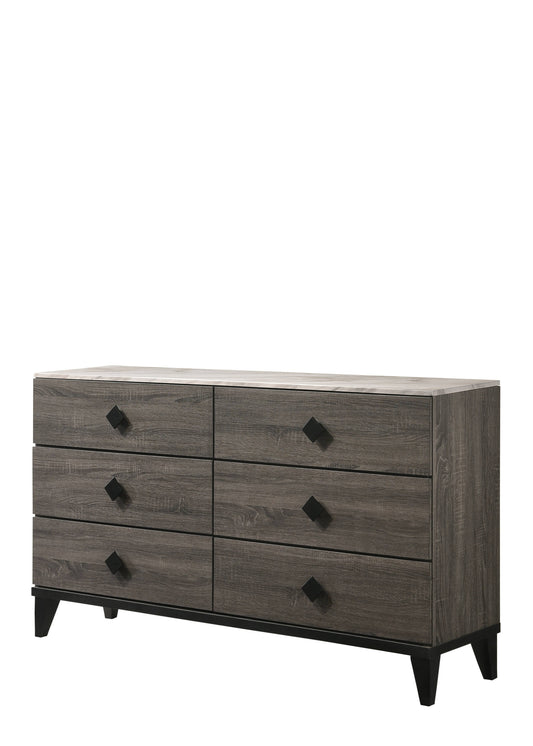 Commode double à six tiroirs en bois massif et manufacturé gris de 61 po