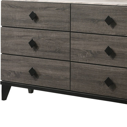 Commode double à six tiroirs en bois massif et manufacturé gris de 61 po