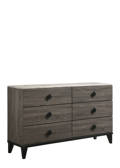 Commode double à six tiroirs en bois massif et manufacturé gris de 61 po