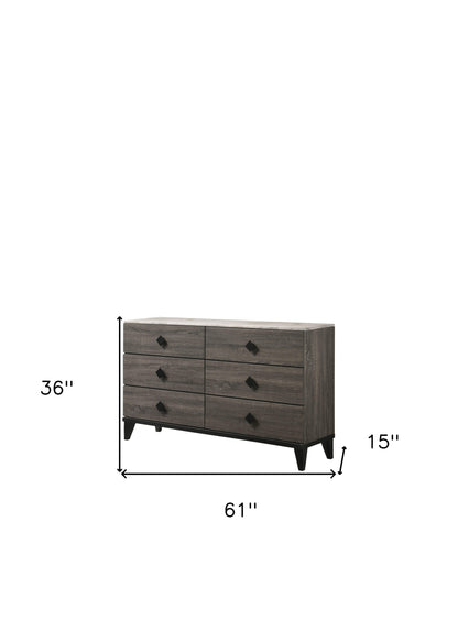 Commode double à six tiroirs en bois massif et manufacturé gris de 61 po