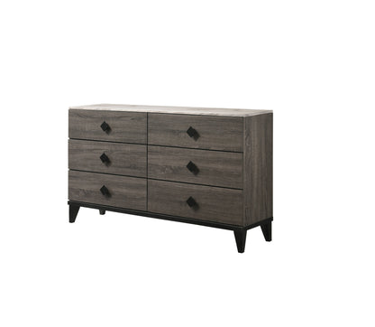 Commode double à six tiroirs en bois massif et manufacturé gris de 61 po