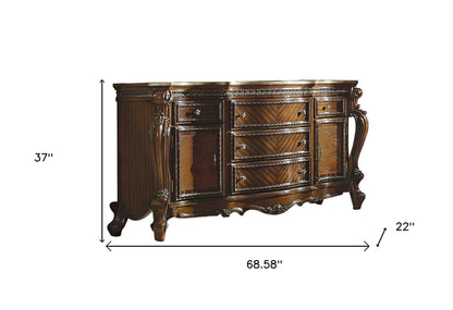 Commode triple à cinq tiroirs en bois massif et manufacturé brun de 69 po