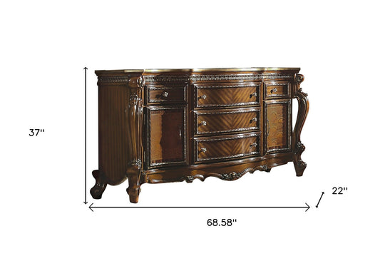 Commode triple à cinq tiroirs en bois massif et manufacturé brun de 69 po