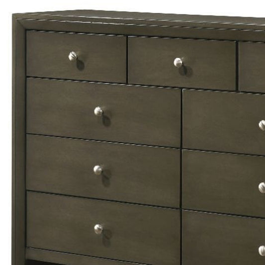 Commode triple à neuf tiroirs en bois massif et manufacturé gris de 55 po