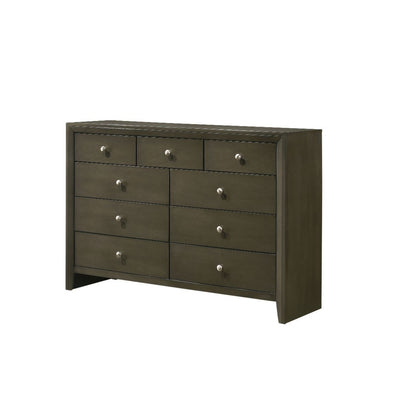 Commode triple à neuf tiroirs en bois massif et manufacturé gris de 55 po