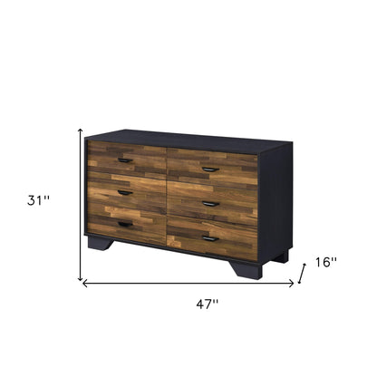 Commode double à six tiroirs en bois manufacturé de 47 po en noyer noir et finition