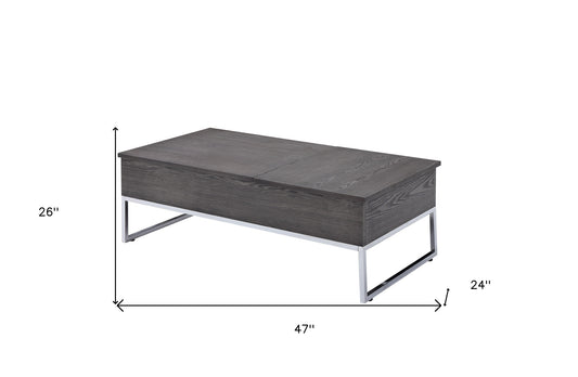 Table basse rectangulaire à plateau relevable en chrome et chêne gris de 47 po