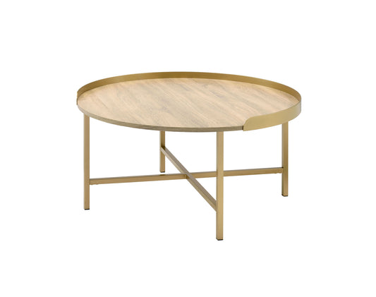 Table basse ronde en bois et métal manufacturé doré et chêne de 34 po