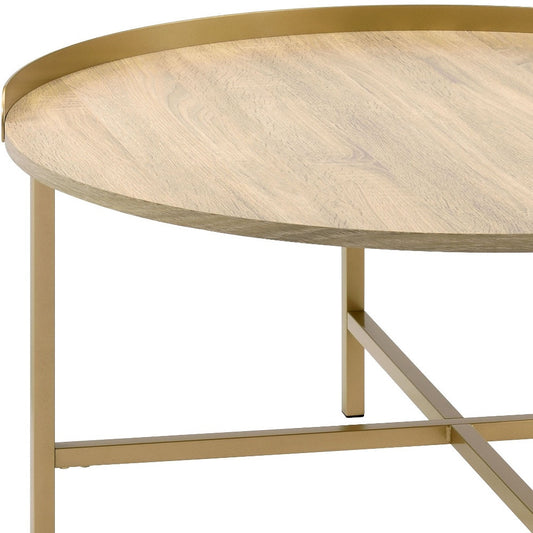 Table basse ronde en bois et métal manufacturé doré et chêne de 34 po