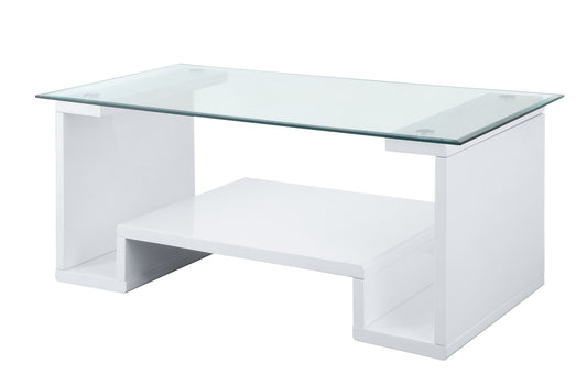 Table basse rectangulaire en verre blanc et transparent et bois manufacturé de 47 po avec étagère