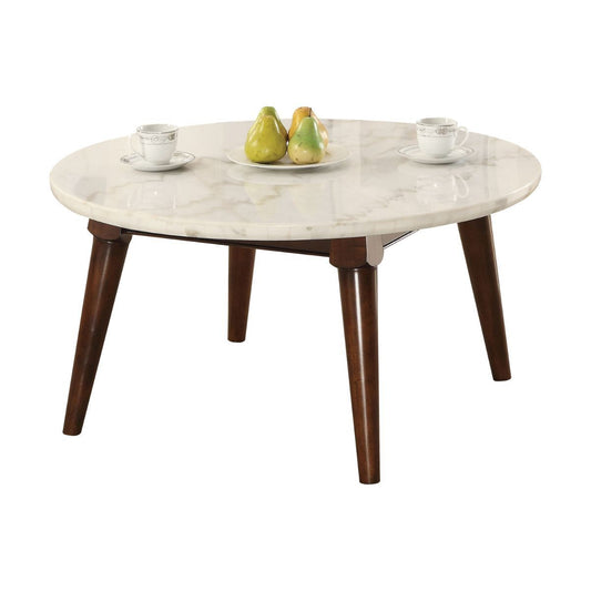 Table basse ronde en faux marbre et noyer de 36 po