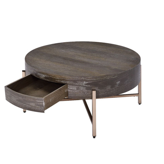 Table basse ronde de 32 po avec tiroir en chêne foncé et champagne