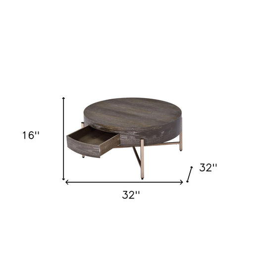 Table basse ronde de 32 po avec tiroir en chêne foncé et champagne