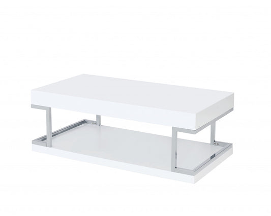 Table basse rectangulaire en bois et métal chromé et blanc brillant de 47 po avec étagère