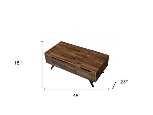 Table basse à plateau relevable en métal brun et noir de 48 po avec deux tiroirs