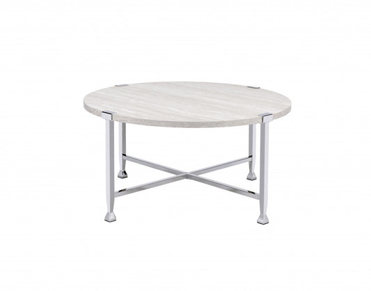 Table basse ronde en chrome et chêne blanc de 36 po