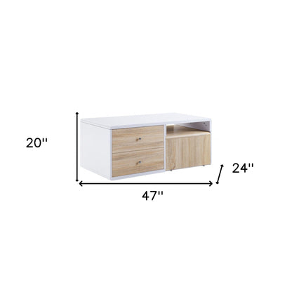 47" White and Natural Coffee Table With Four Drawers