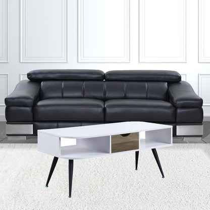 44" Black And White Melamine Veneer And Metal Rectangular Coffee Table With Drawer And Shelf