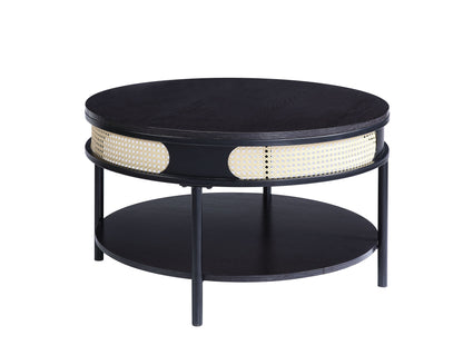 32" Black Wood And Metal Round Coffee Table With Shelf