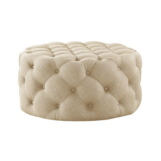 33" Beige Linen  Rolling Tufted Round Cocktail Ottoman