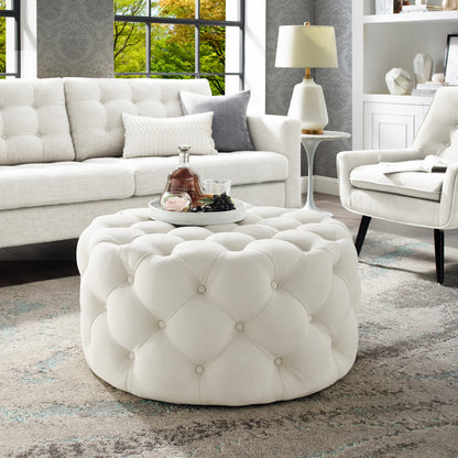 33" Beige Linen  Rolling Tufted Round Cocktail Ottoman