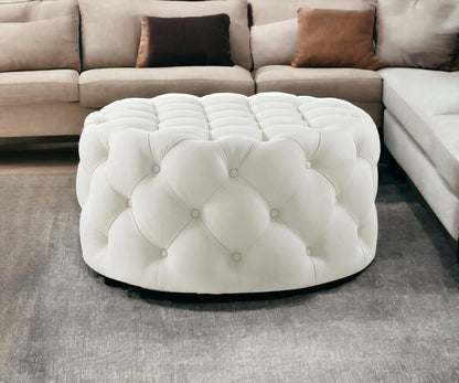 33" Beige Linen  Rolling Tufted Round Cocktail Ottoman