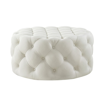 33" Beige Linen  Rolling Tufted Round Cocktail Ottoman