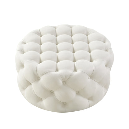 33" Beige Linen  Rolling Tufted Round Cocktail Ottoman