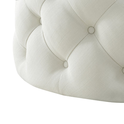 33" Beige Linen  Rolling Tufted Round Cocktail Ottoman