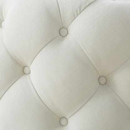 33" Beige Linen  Rolling Tufted Round Cocktail Ottoman